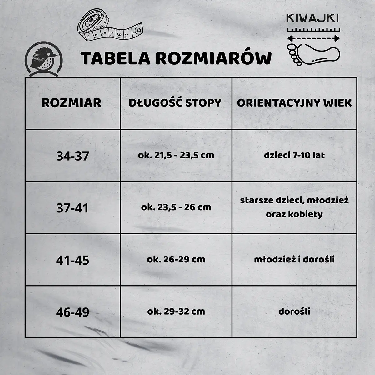 Tabela rozmiarów Kiwajki